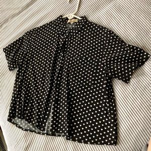 Black & white heart button-down short sleeve shirt
